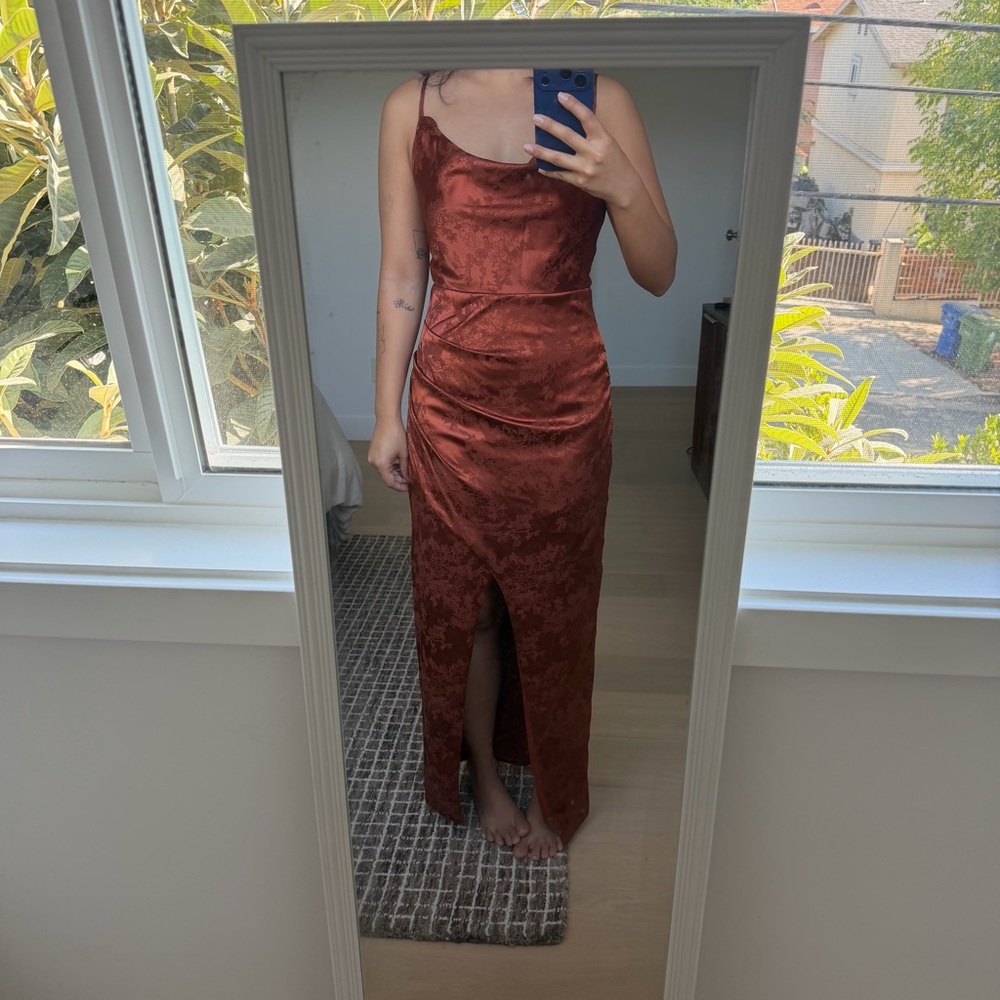 Lulu's Copper Satin Slip Maxi Dress with Front Slit